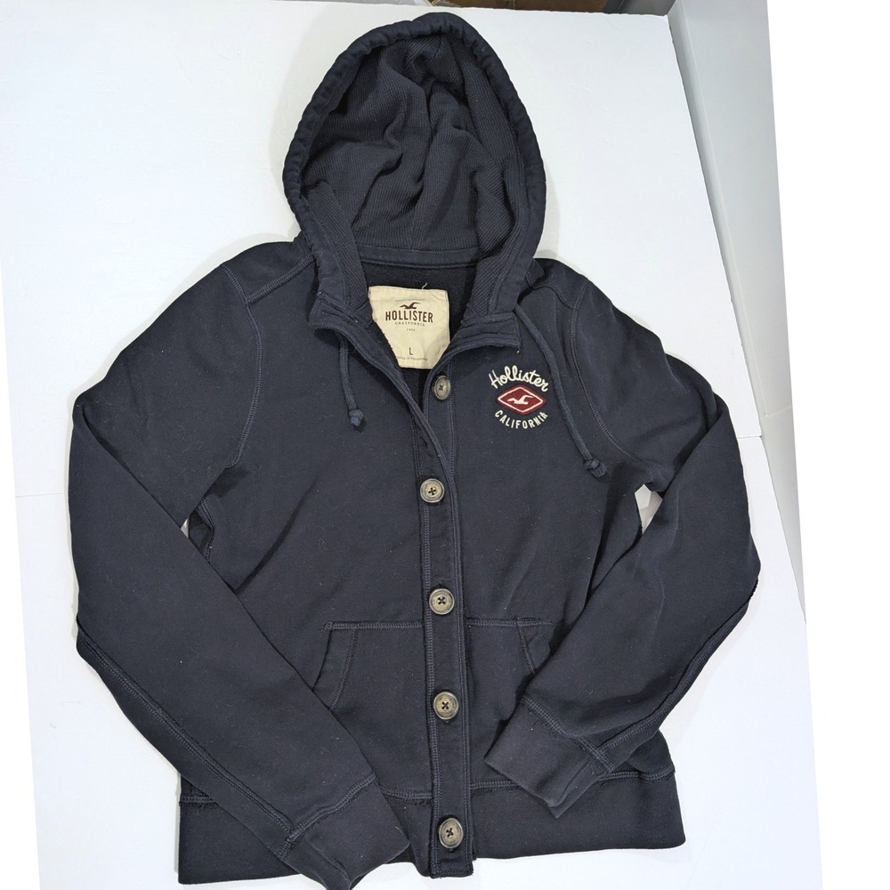 Y2K Hollister California Navy Blue Button Front Hoodie Sweatshirt Large
